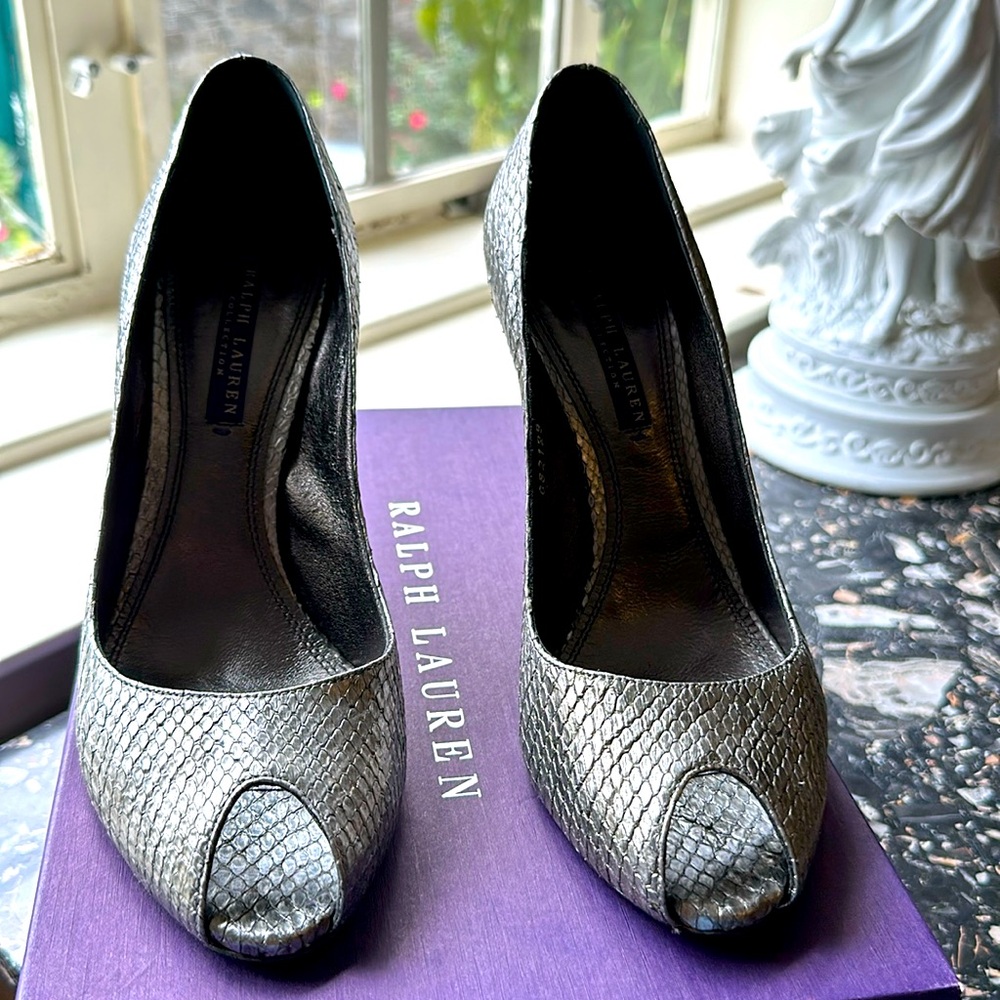 Ralph Lauren purple label, silver open toe pumps, python
